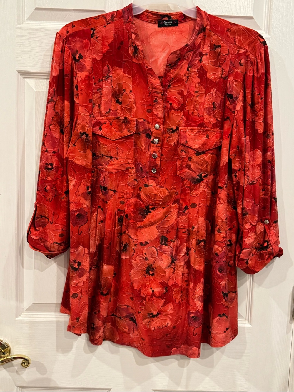Cocomo Red Floral Button-Plaid Tunic Blouse